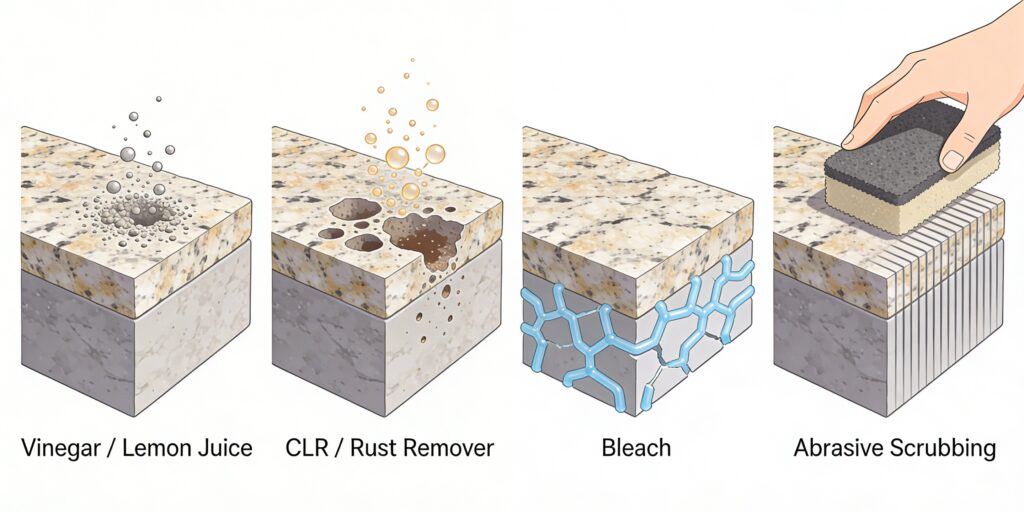 Diagram showing four common damaging products and their specific reaction mechanisms on granite surface chemistry