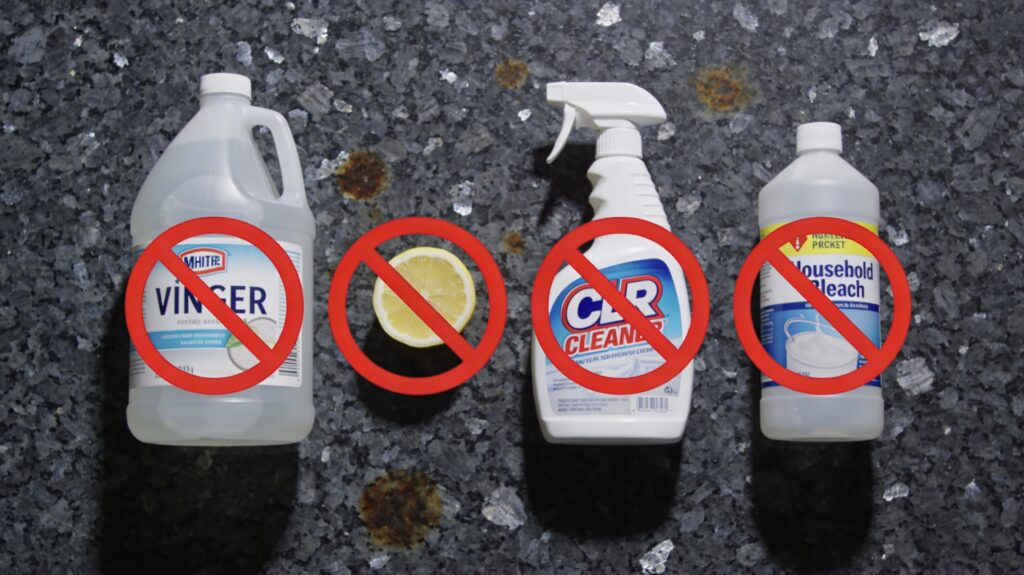 Common household products that damage granite — vinegar, bleach, and CLR shown with warning indicators