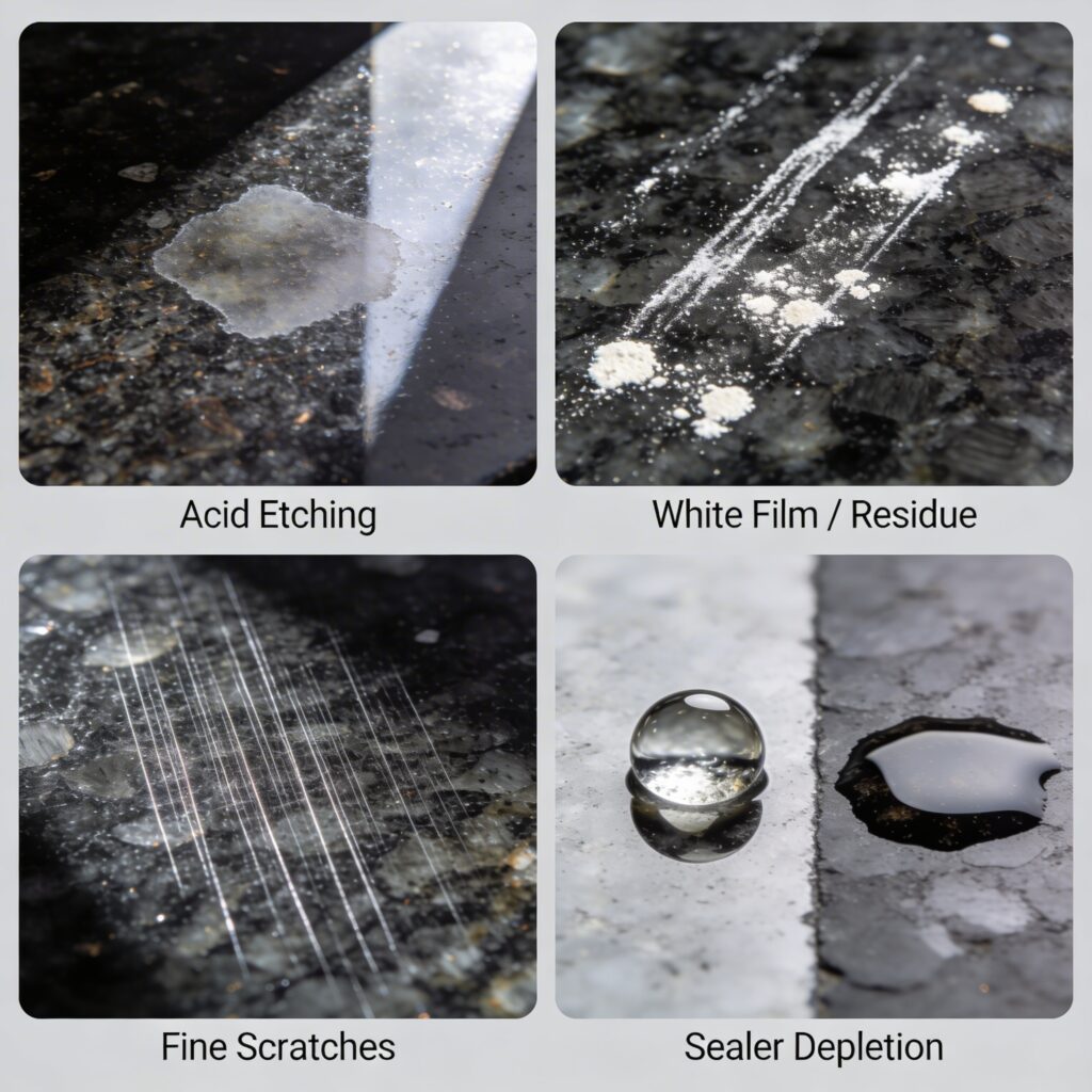 Close-up comparison of four secondary damage types on granite — acid etching, white film, fine scratches, and water absorption test showing depleted sealer