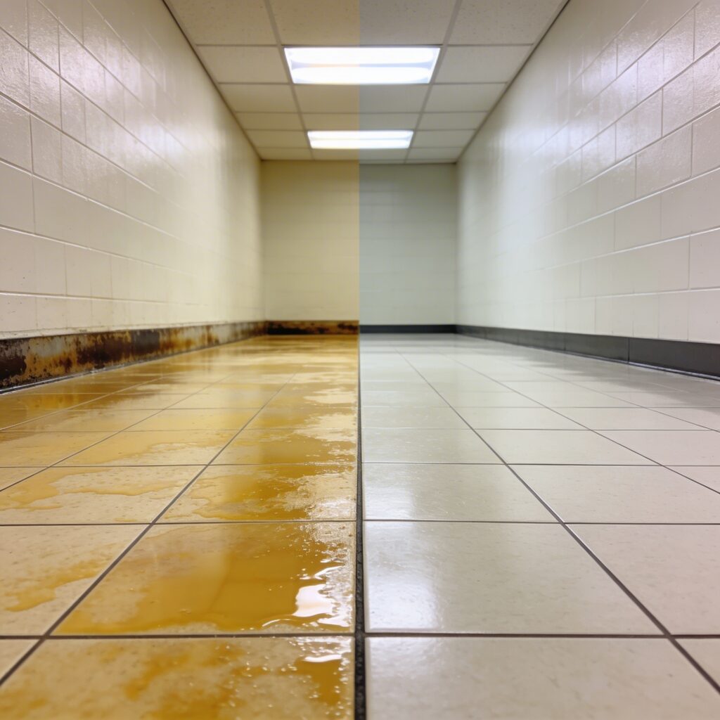 Before and after floor stripping on VCT tile — left shows a yellowed, hazy floor with edge buildup, right shows the same floor clean and matte after complete stripping