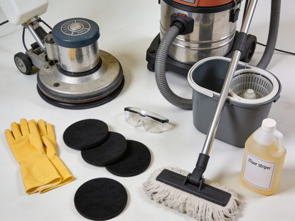 Floor stripping equipment laid out on a clean surface — single-disc floor machine, wet vacuum, mop bucket, black stripping pads, chemical-resistant gloves, and a bottle of floor stripper concentrate