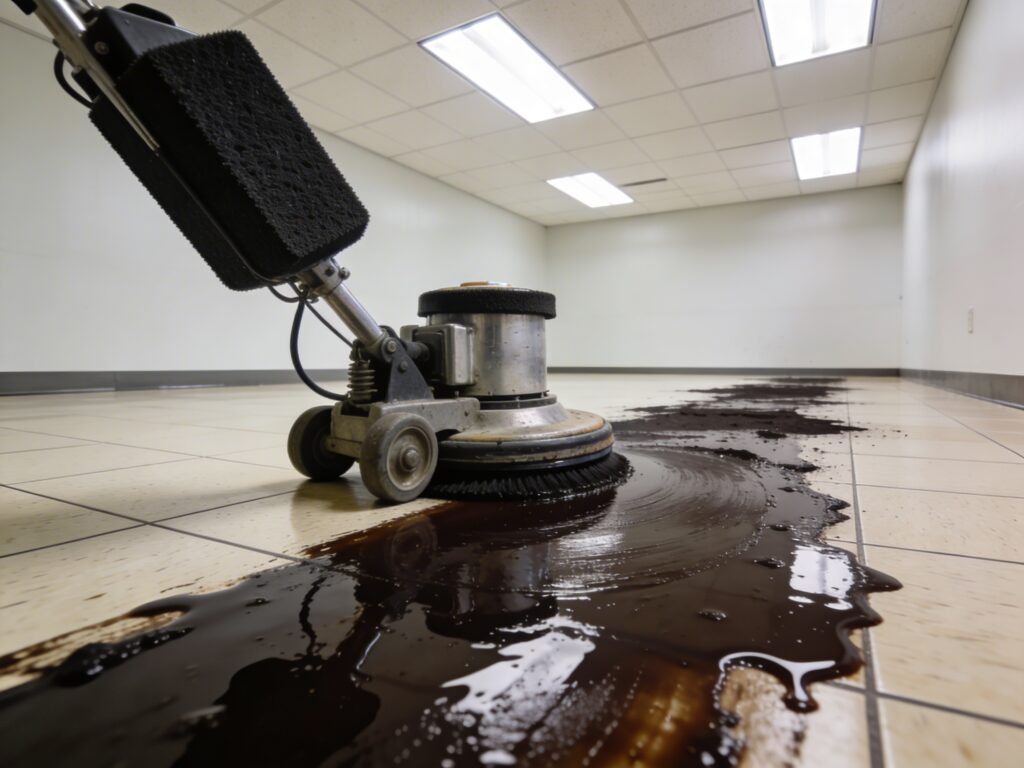 Commercial floor being stripped — dark stripper slurry on VCT tile being worked by a single-disc floor machine with a black stripping pad