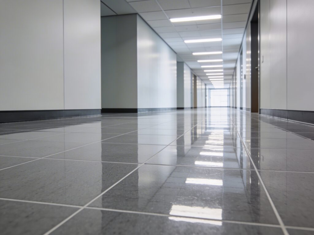 High-gloss VCT tile floor in a commercial office corridor after professional burnishing, showing mirror-like reflection of overhead lights