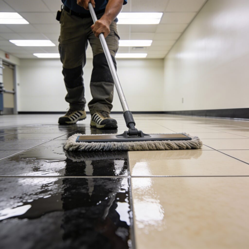 Floor maintenance worker applying floor polish with a flat microfiber mop on VCT tile, showing the wet application coat and the previously dried coat ahead