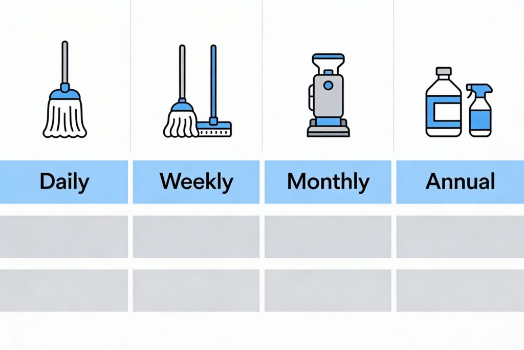 VCT floor maintenance schedule diagram showing daily dust mopping, weekly damp mopping and burnishing, monthly full burnishing, and annual strip and recoat cycles